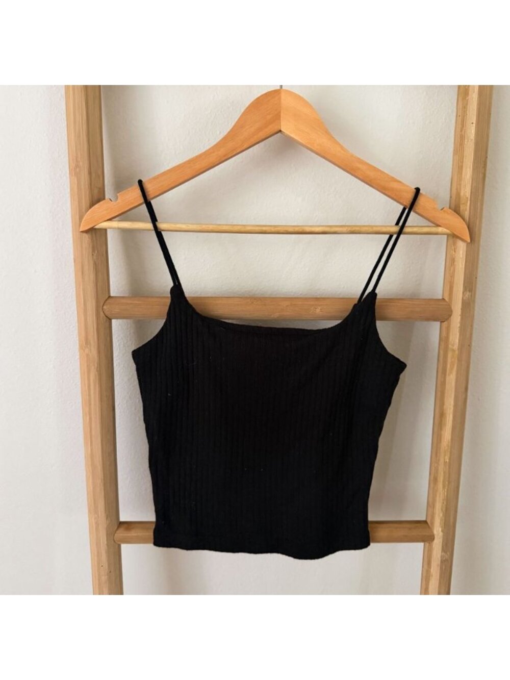 SHEIN Black Ribbed Cami Crop Top Stretch Sleeveless Spaghetti Strap Size S